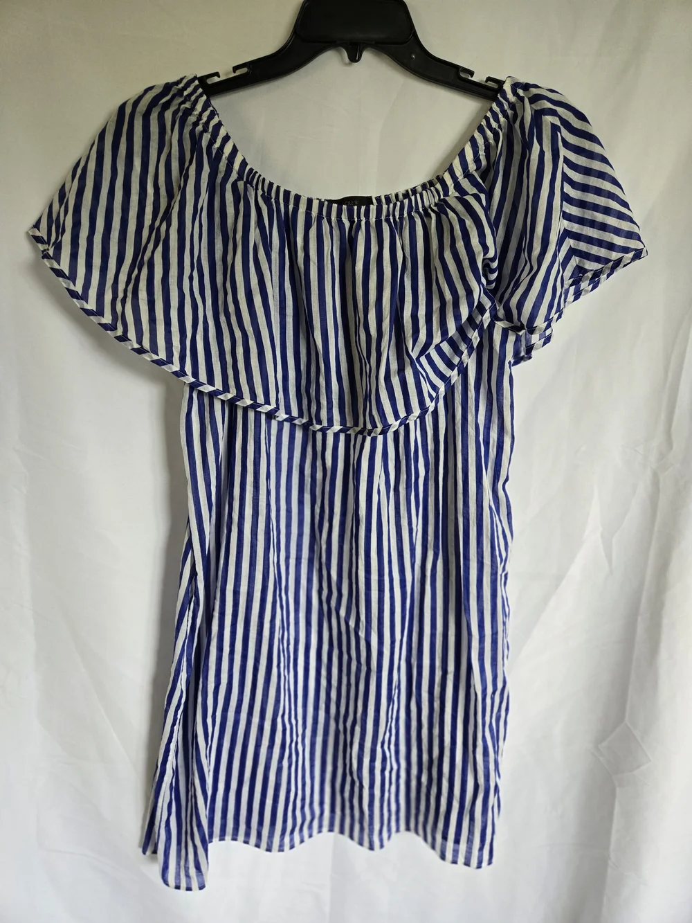 J. Crew Blue and White Striped Off-Shoulder Swim Coverup